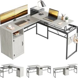 Bestier L Shaped Standing Desk Adjustable Height, 60" Corner Computer Desk with Storage File Cabinet, 95.2" Long and Large Reversible Office Desk with