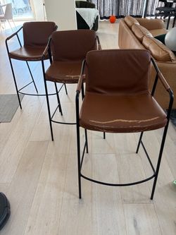 West Elm Brown Leather Bar Stools with Black Metal Frame – Set of 3