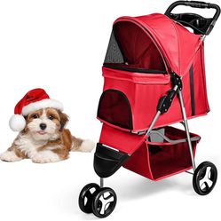Pet Stroller, 3 Wheel Foldable Cat Dog Stroller with Storage Basket and Cup Holder for Small and Medium Cats, Dogs, Puppy (Red)
