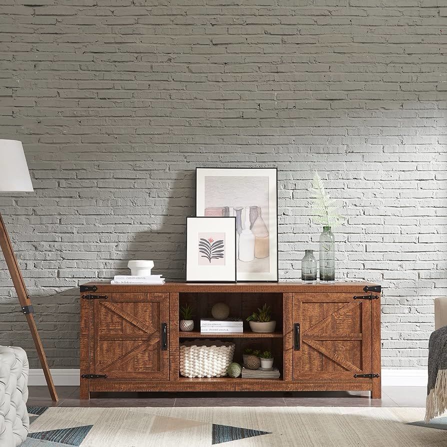 Farmhouse TV Stand for TVs Up to 75 inches, Wood Barn Door Media Television Console Table with Storage Cabinets, Easy Assembly Modern Enter