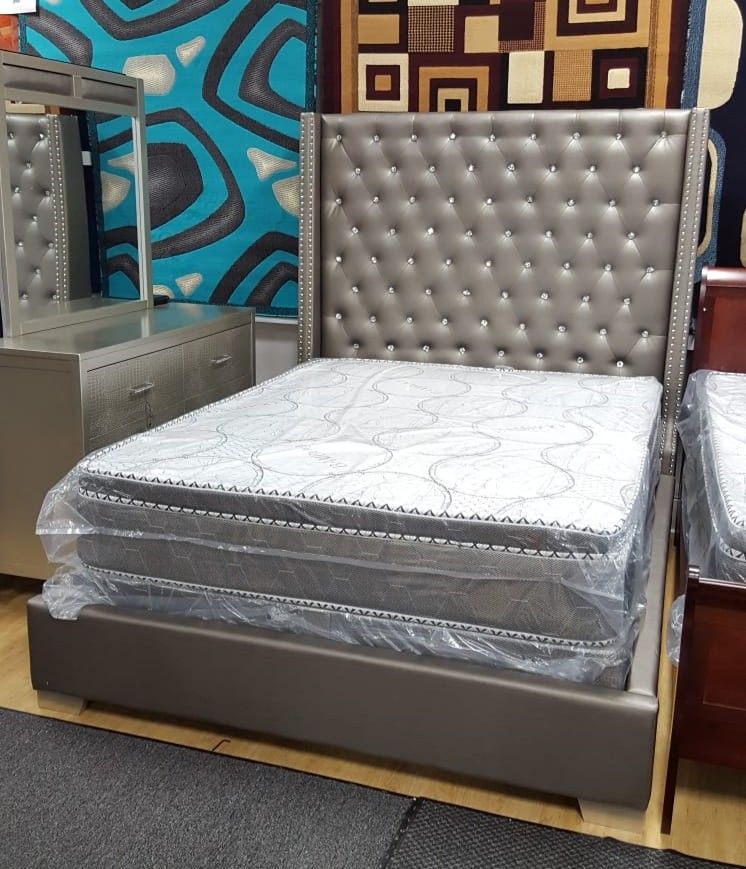 Queen bed frame with dresser and mirror