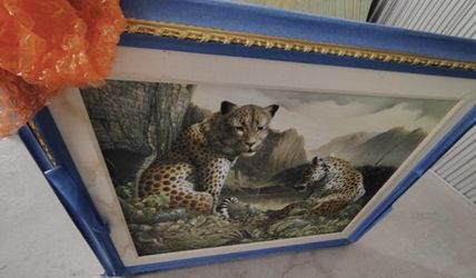 Framed Two Leopards Mountain Landscape Artwork Gold Tone Trim