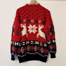 Vintage Michelle Stuart Hand Knit Christmas Reindeer Sweater Mohair Wool Large