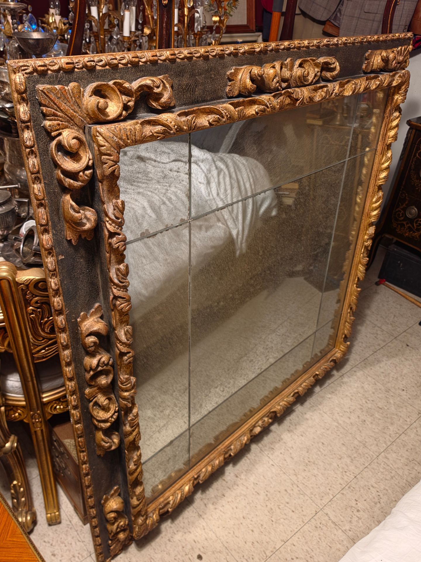 Antique 18th-19th Century Italian Rococo Giltwood Multi-Pane Mirror (4' x 4')