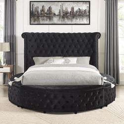 Savion Grand King Round Black Velvet Platform Storage Bed Frame (LIMITED QUANTITIES)