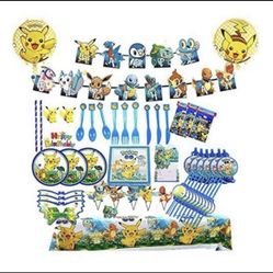 141 Pcs Pikachu Birthday Party Supplies Pokemons Theme Party Decoration for Kids Boys and Girls Includes Cake Decorations Plates Table Cloth
