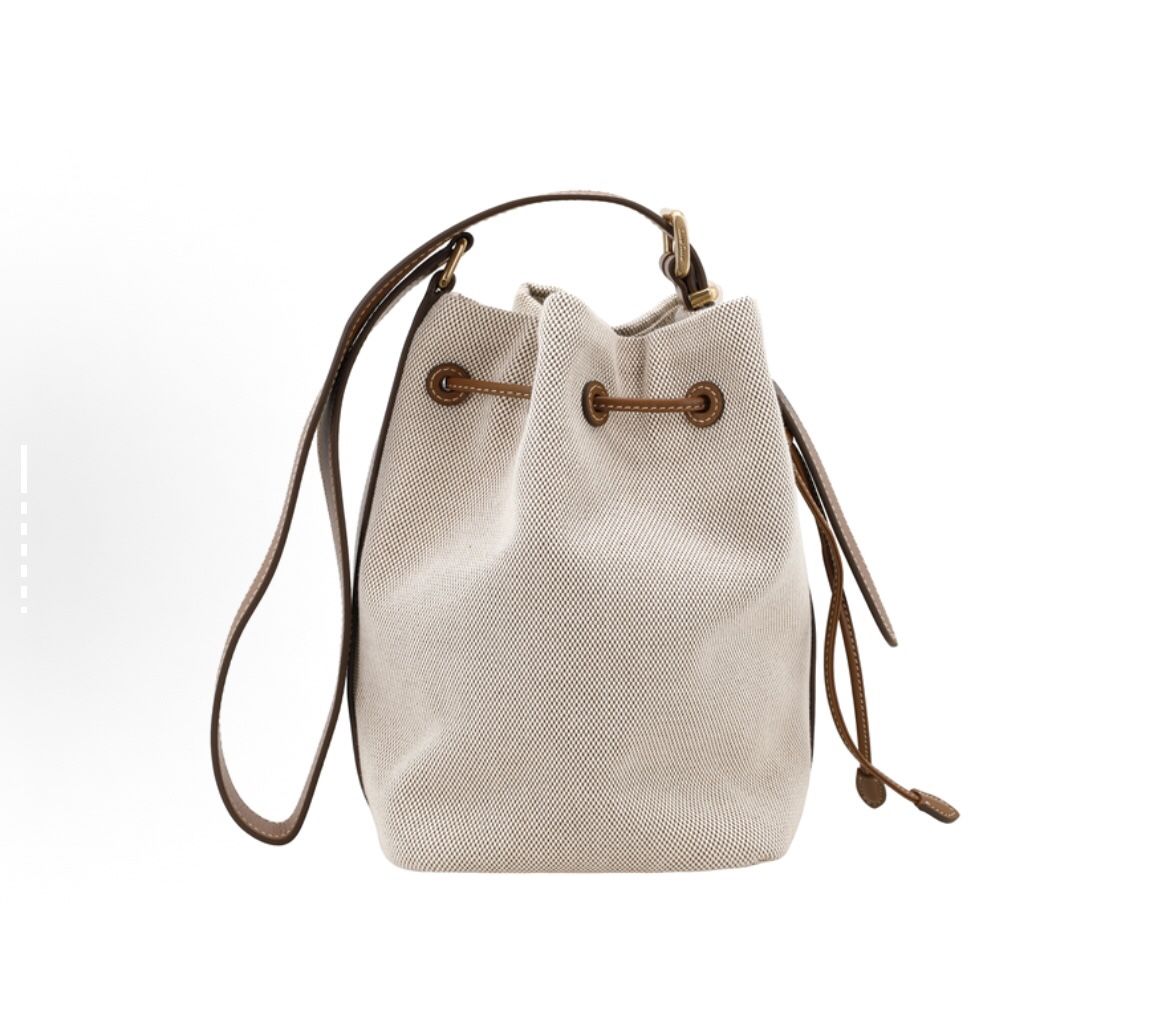 canvas and leather, bucket bag, single - shoulder/cross - body bag, women's style, beige combined with brandy color(48)54