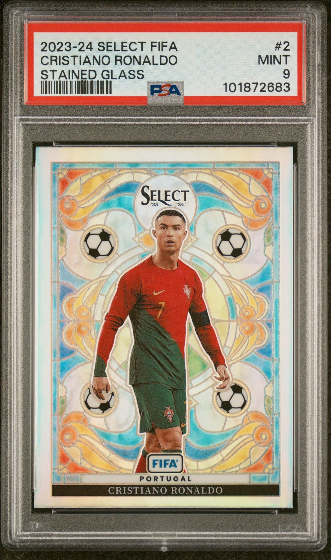 2023 Select FIFA Cristiano Ronaldo Stained Glass #2 Portugal PSA 9 Prizm Case Hit! SSP!