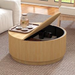31.5" Fluted Round Coffee Table with Flip Top and Hidden Compartments Storage for Living Room, Natural