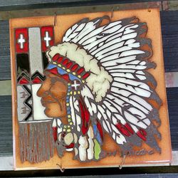 Cleo Teissedre Ceramic Tile Art Signed Native Chief Southwest Wall DecorTrivet 