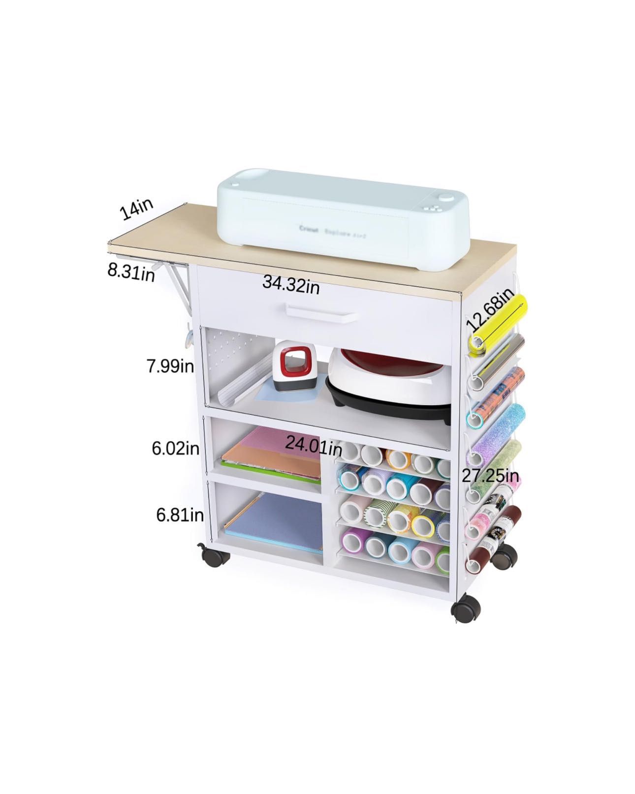 😀Rolling Craft Storage Cart with Heat Press Cart and Organizers - Compatible with Cricut Machines, Craft Rolling Storage Organizer with Vinyl Roll