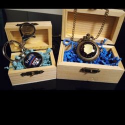 "TRUMP" POCKET WATCH--TRUMP KEYCHAIN --WOODEN BOX AND GIFT BAG INCLUDED