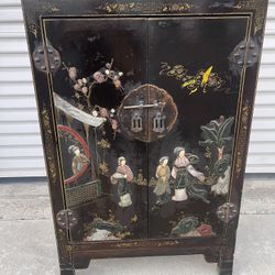 Antique Chinoiseries Black Lacquered w/“Bone”, Soapstone, Jade Inlay Graphic End Table Nightstand