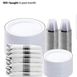 350PCS Silver Plastic Dinnerware Set, Disposable Party Plates for 50 Guests, Include: 100 Plastic Plates, 50 Pre Rolled Napkins with Silver Silverware