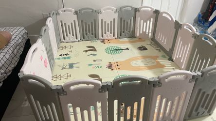 “Extra large 18-panel playpen. $85, includes mat.”