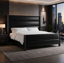 Vintage Upholstered Wingback Platform Bed with Built -in Charging Station KING SIZE BED ONLY NO MATTRESS