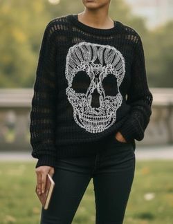 Halloween Time! Katsumi Vintage-Inspired Skull Long Sleeve Pullover Sweater S/M