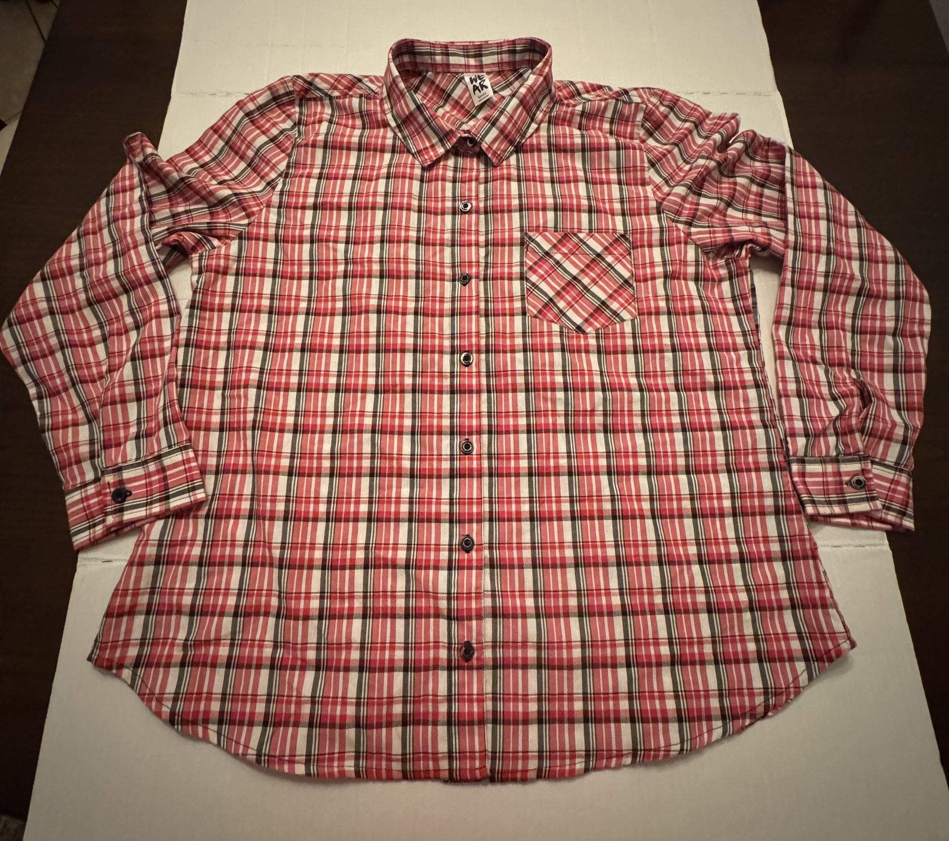 Zumba Dance Button Down Shirt Unisex Size Large Red Plaid With Silver Print