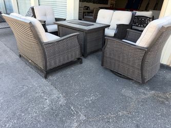 Patio,Outdoor furniture,2 Swings Love seat,2 Rocking and swivel chairs,Cushions,Fire pit.