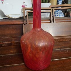 Vintage Red Glass Bottle Vase | Cranberry Glass Decorative Bottle | Mid-Century Style Home Décor