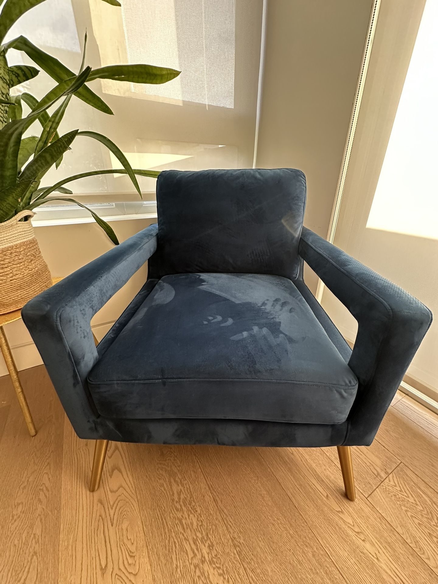 Leland Armchair Blue/Gold - Baxton Studio: Brushed Metal Legs, Modern Velvet Upholstery, Contemporar