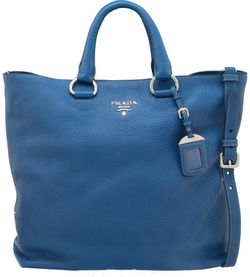 Prada Blue Leather Daino Tote with Silver Hardware