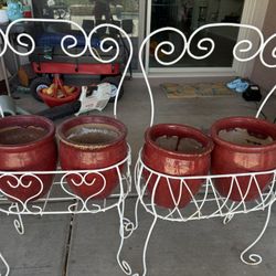 Two White Heart Flower Pot Stand Holders With Four Red Potters