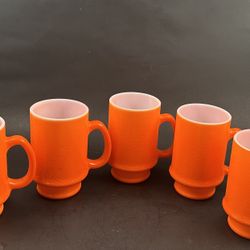 Vintage MCM HAZEL ATLAS Orange Peel Milkglass Mugs Set of 5 Excellent