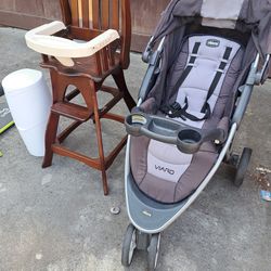 Chicco Baby 3 Eheel Stroller and Wood Chair