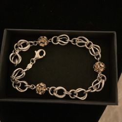 Sterling Silver (925) Link Bracelet With Rhinestones 
