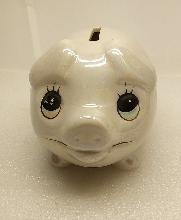 VTG Anthropomorphic Piggy Bank, Beautiful Iridescent Paint, Heart Shaped Ears