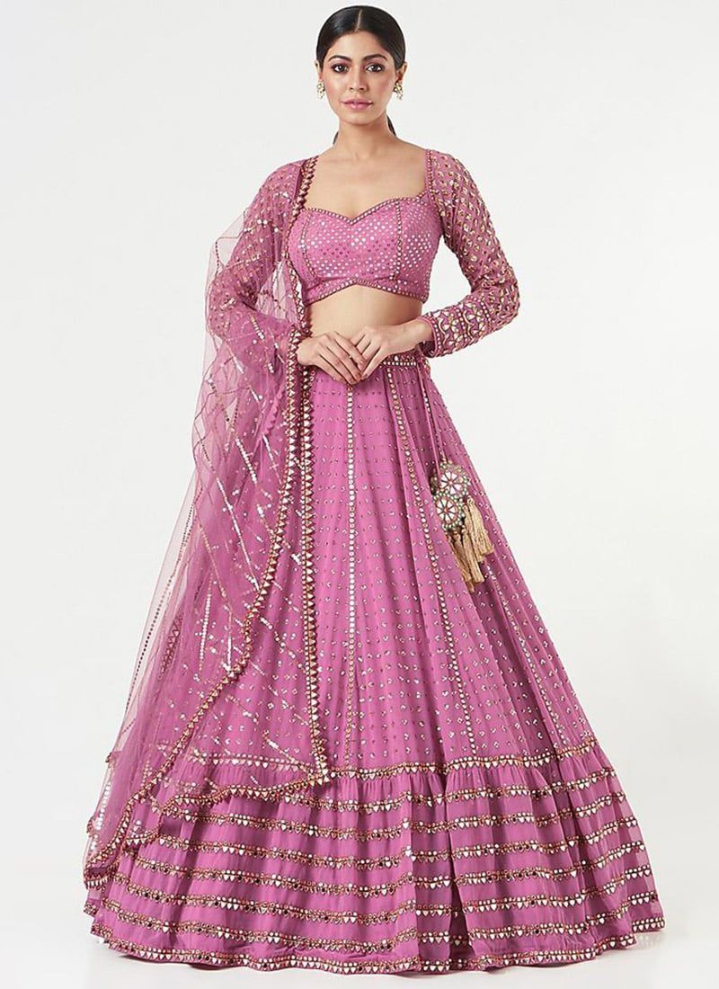 Umbrella Lehenga In Pink Georgette Embroidered Sequins Wedding Wear