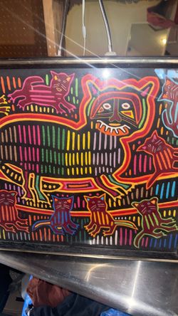 Framed Mola Textile Art with Cat Motifs