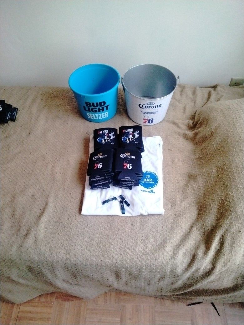 Beer Buckets With Cozies And Bottle Openers And A Sixers T-shirt