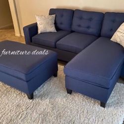 Dark Blue Sectional Sofa With Ottoman 81”x 60”