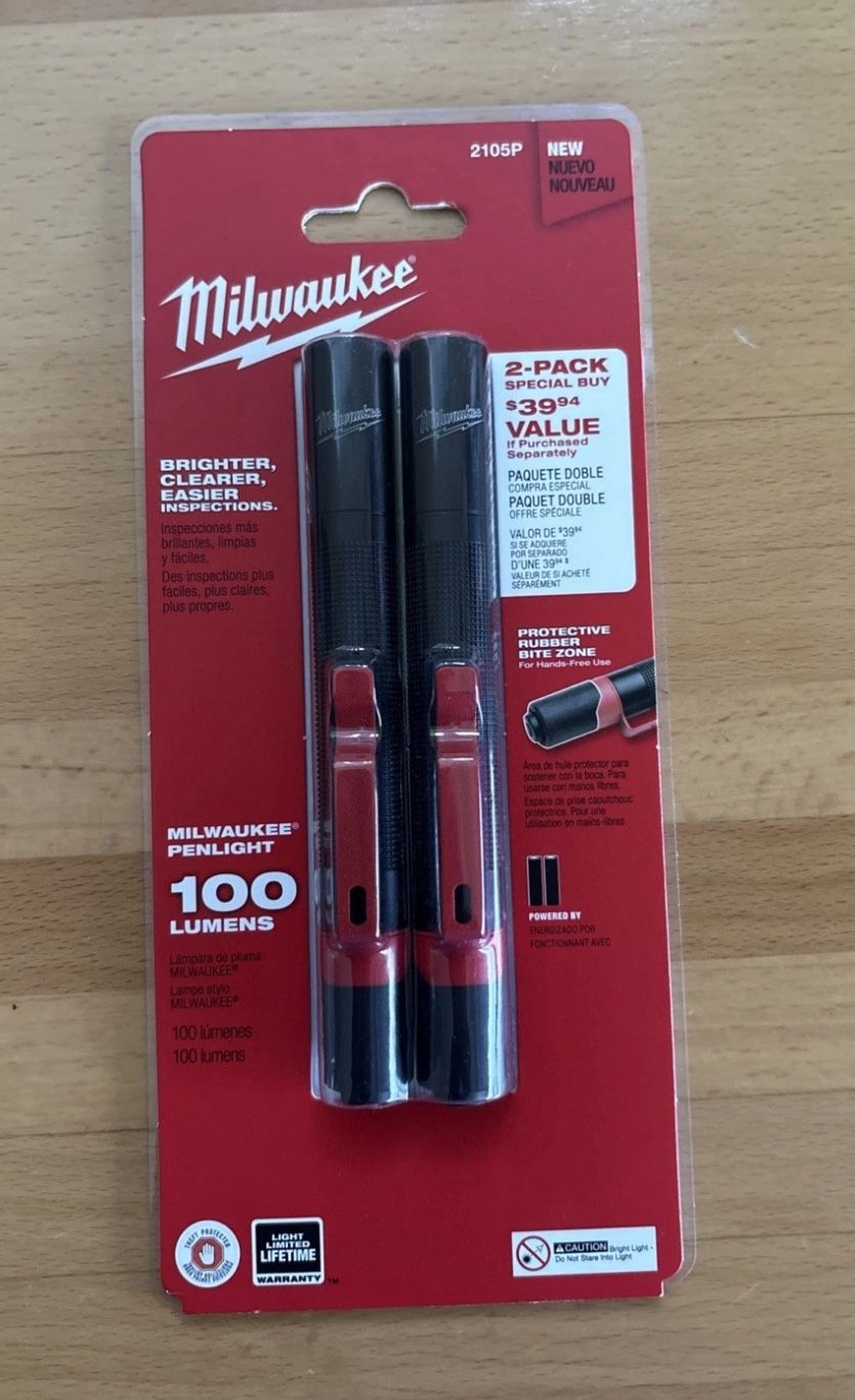 NEW Milwaukee 100 Lumens Aluminum Pen Light with Clip (2-Pack)