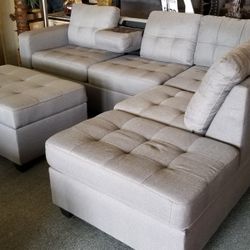 Brand New 102" x 81" Grey Woven Linen Reversible Sectional With Storage