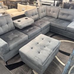 Charcoal Sectional w/ Drop Down and Storage Ottoman