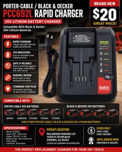 🔋 **Porter-Cable / Black & Decker 20V Lithium Rapid Battery Charger – PCC692L – New**