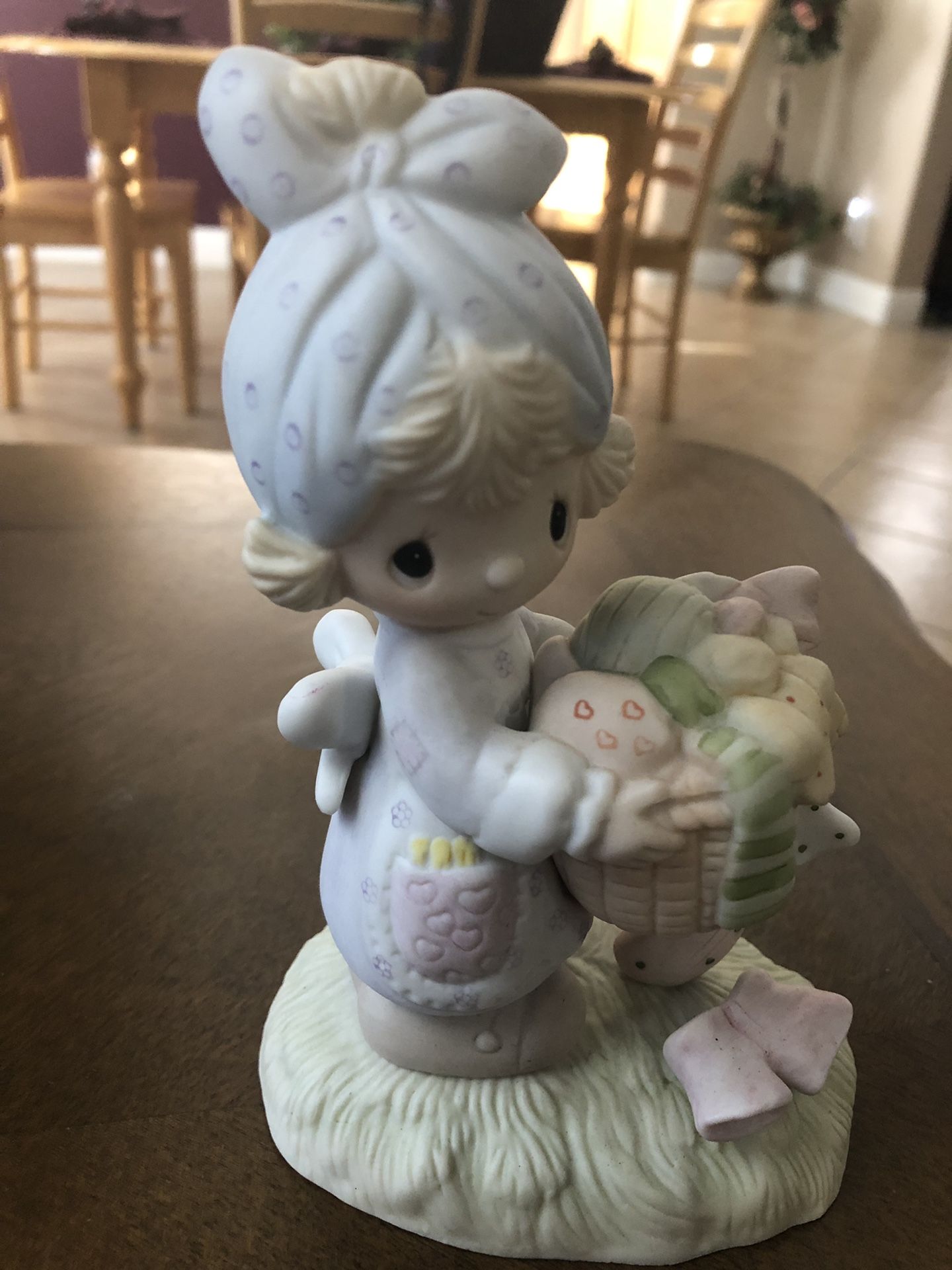 Precious Moments figurine “ Be not weary in well doing” 6 inches tall, perfect condition under glass