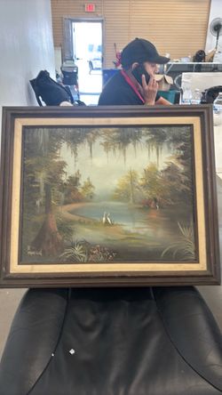 Framed Swamp Landscape Oil Painting