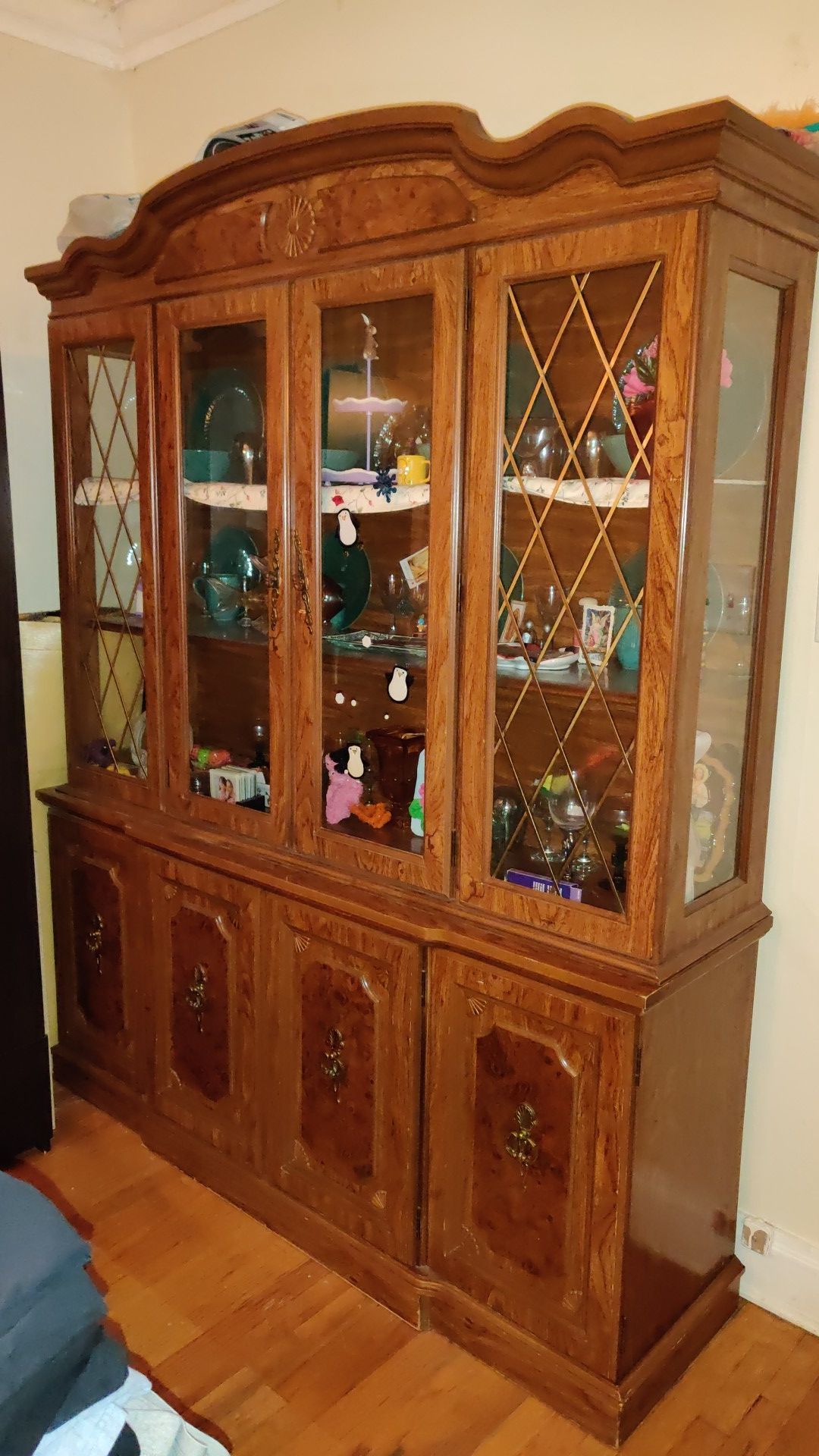 Antique wood China cabinet w silverware drawer (2 Pieces, top half separated from bottom half)
