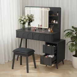 Homy Casa Aalena 40” Modern Vanity Table Set with LED Lighted Mirror In Black