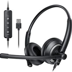 Noise Cancelling Computer Headset with Microphone USB ENC Wired Headphone Headsets Office Head Laptop Work Ear Speaker Call Set Phones Stereo Control 