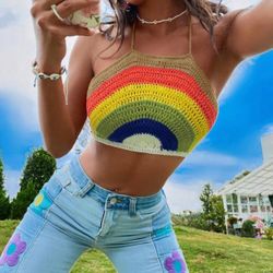 Rainbow Striped Pattern Tie Backless Halter Knit Top