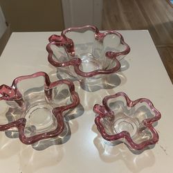 Vintage Depression Glass Shamrock Shaped Candy Dishes with Red Trim Set Of 3