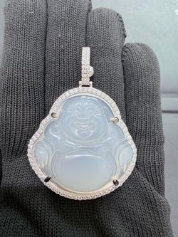 Carved Jade Buddha Pendant with Moissanite Halo