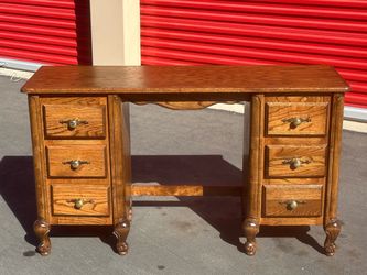 Vintage Oak Wood Kneehole Desk with Brass Hardware
