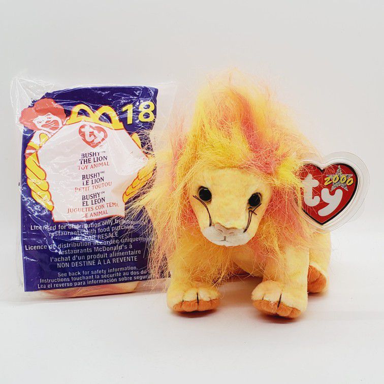 TY Beanie Babies Bushy The Lion 2000 Plush Toy & MCDONALD'S TEENIE BEANIE BABY