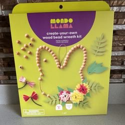 BRAND NEW CREATE YOUR OWN WOOD BEAD WREATH KIT PAPER FLOWERS AND LEAVES INCLUDED 